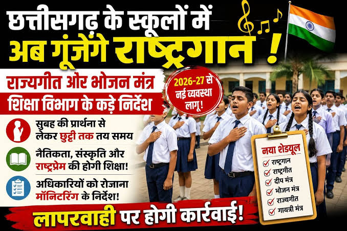 छत्तीसगढ़ के स्कूलों में अब गूंजेंगे राष्ट्रगान,राज्यगीत और भोजन मंत्र; शिक्षा विभाग ने जारी किए कड़े निर्देश