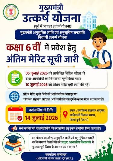 मुख्यमंत्री उत्कर्ष योजना के तहत कक्षा 6वीं में प्रवेश हेतु अंतिम मेरिट सूची जारी, 14 जुलाई को होगी काउंसलिंग